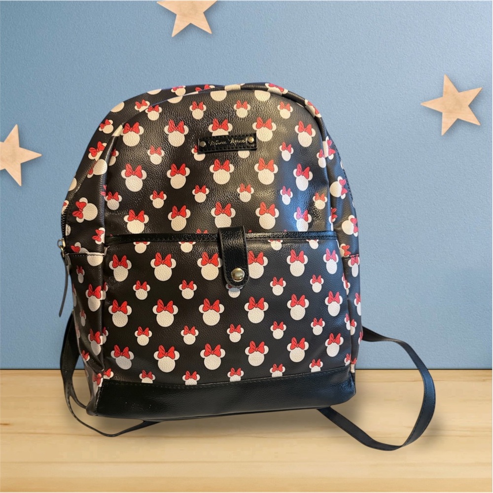Disney Minnie Mouse Bow Print Backpack Black Faux Leather Mini Backpack